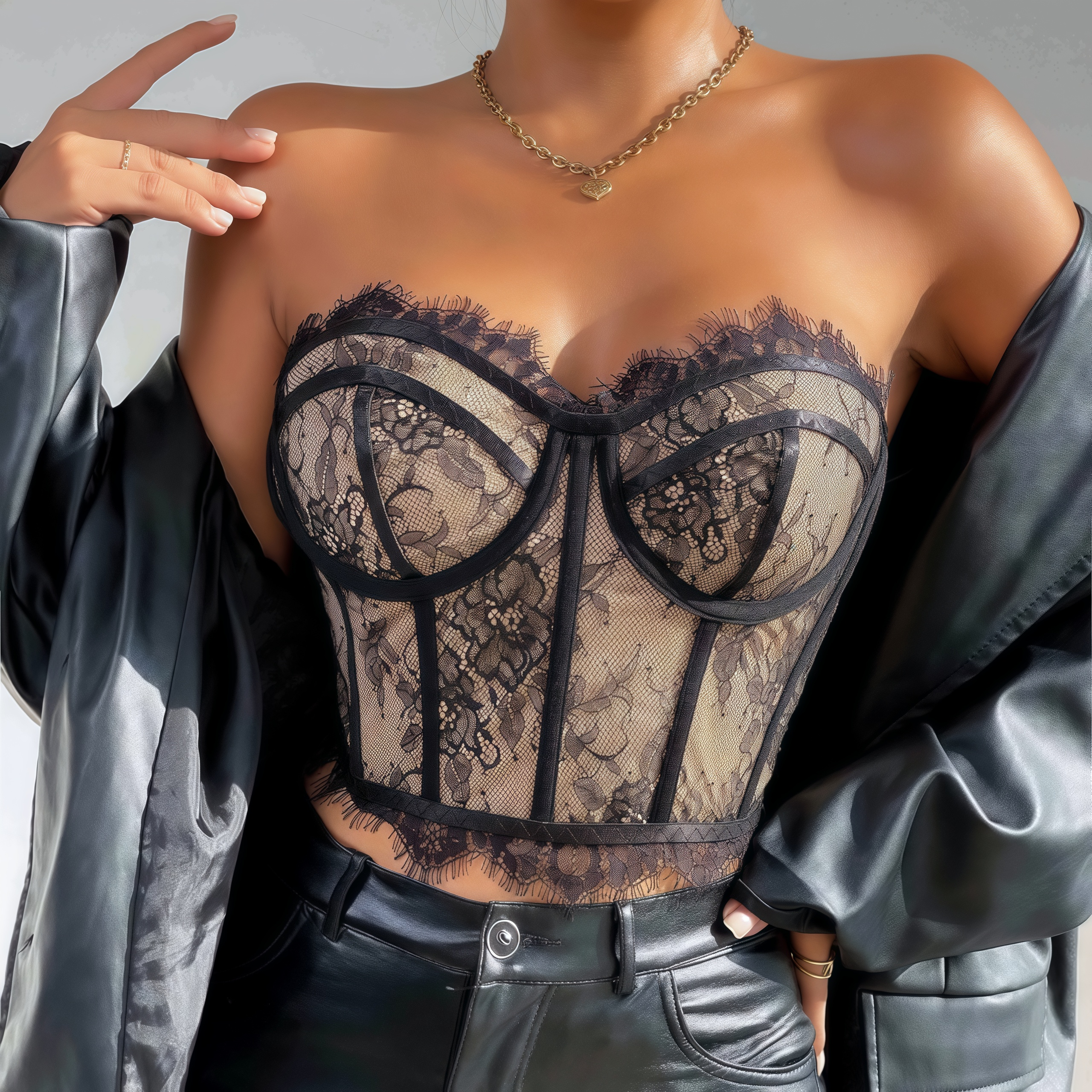 Black Lace Corset Top – Sexy Gothic Bustier with Fishbone Design