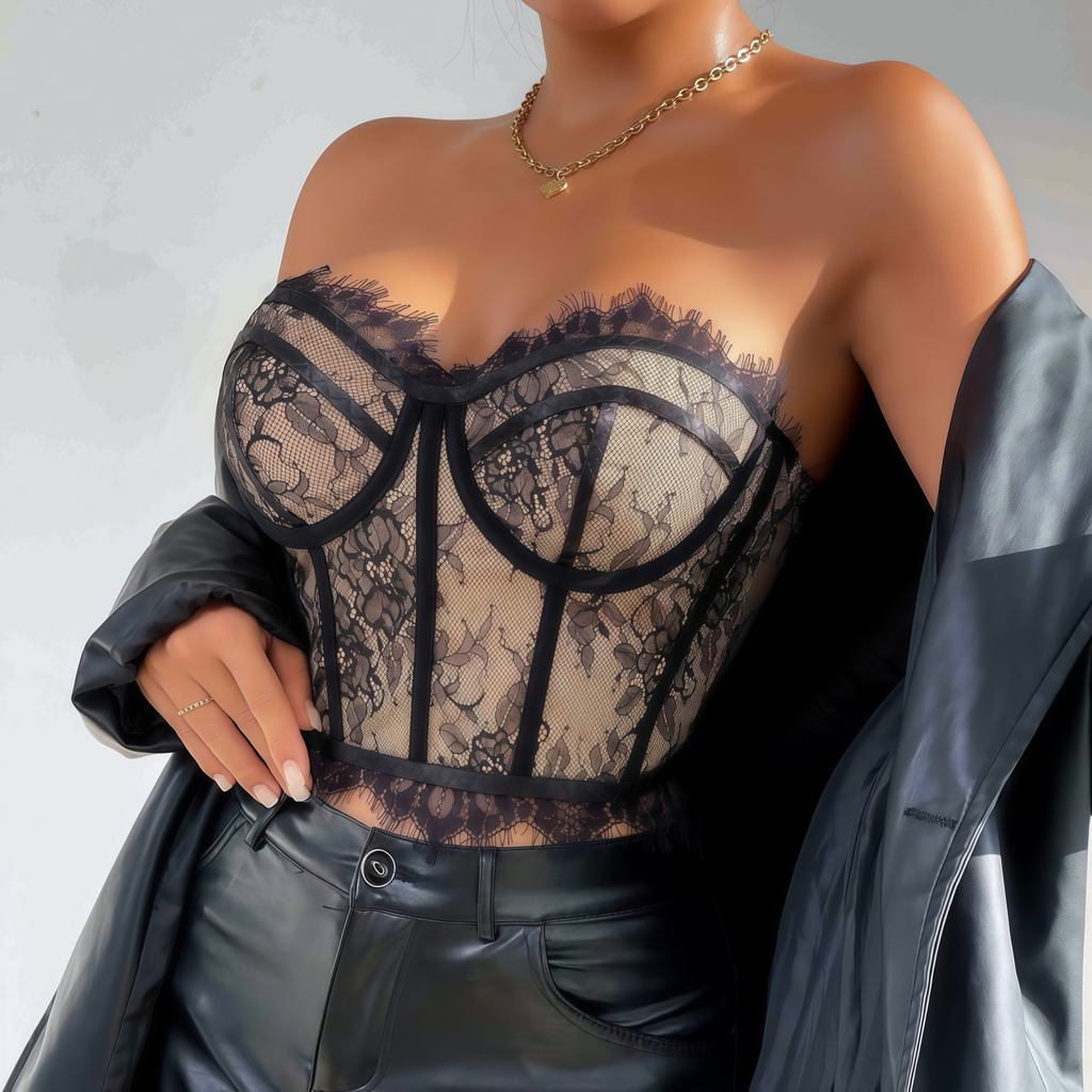 Black Lace Corset Top – Sexy Gothic Bustier with Fishbone Design