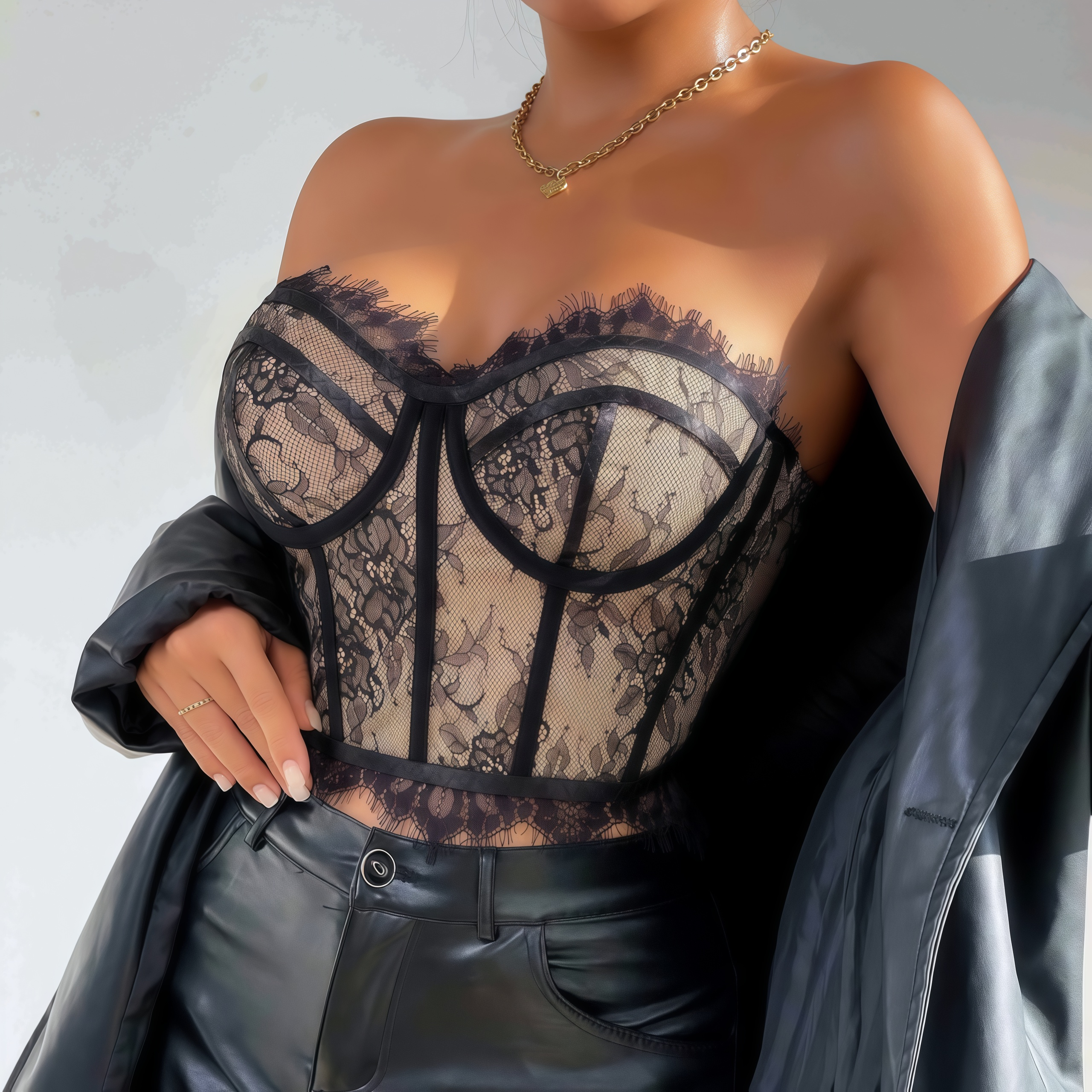 Black Lace Corset Top – Sexy Gothic Bustier with Fishbone Design