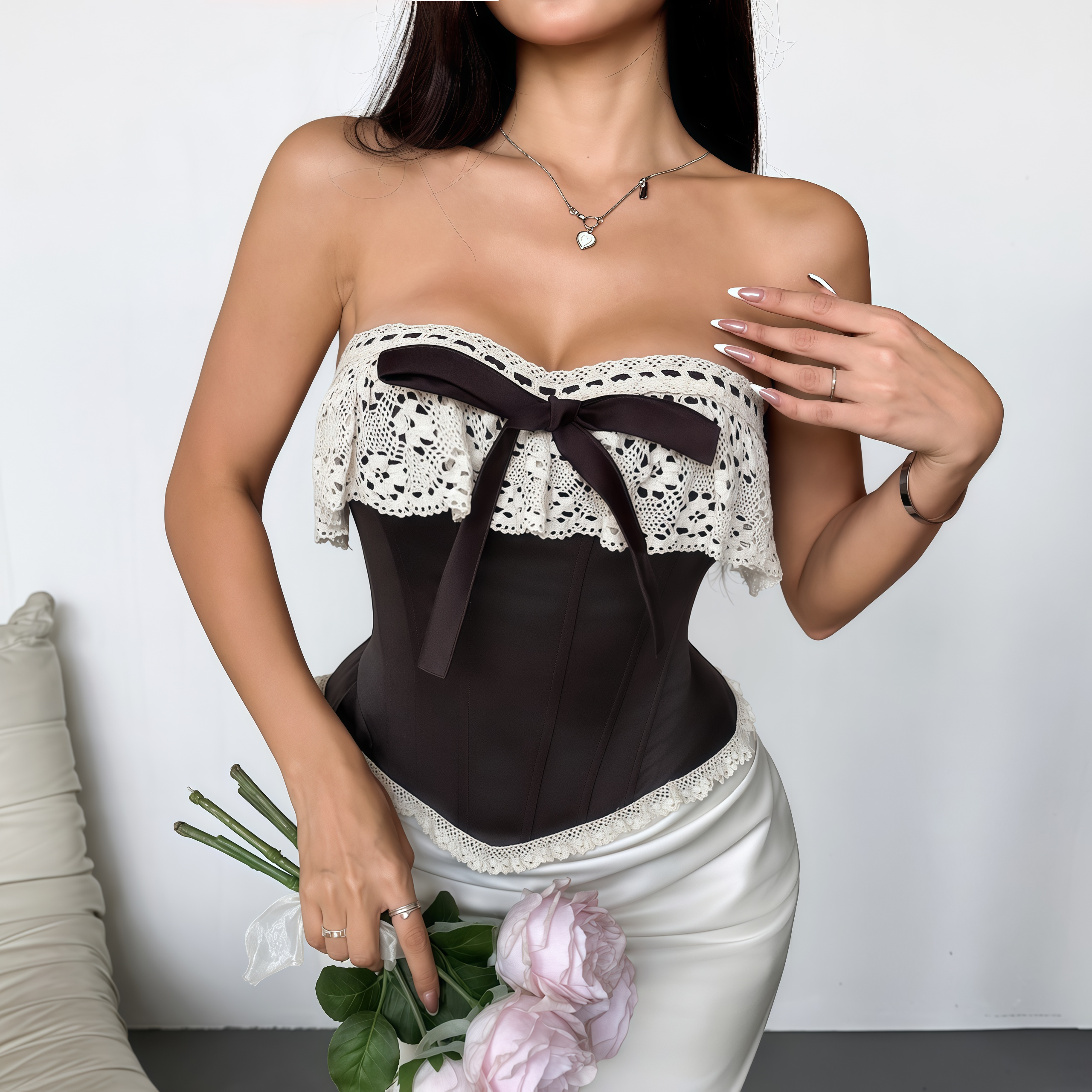 Lace Trim Corset Top – Sexy Bustier with Fishbone Design