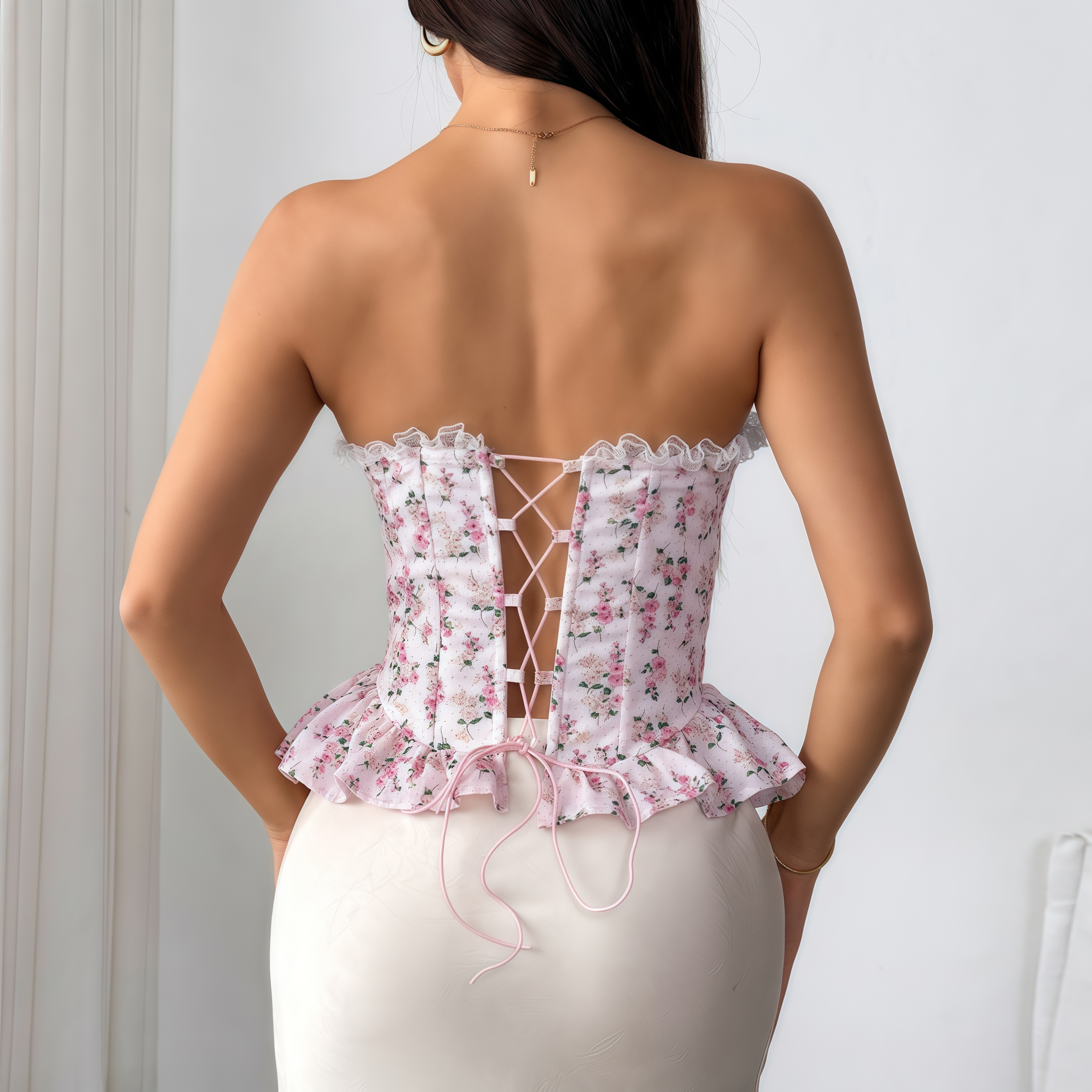 💕TOP：Pink Floral Corset Top – Sweet & Fresh Bustier with Fishbone Design