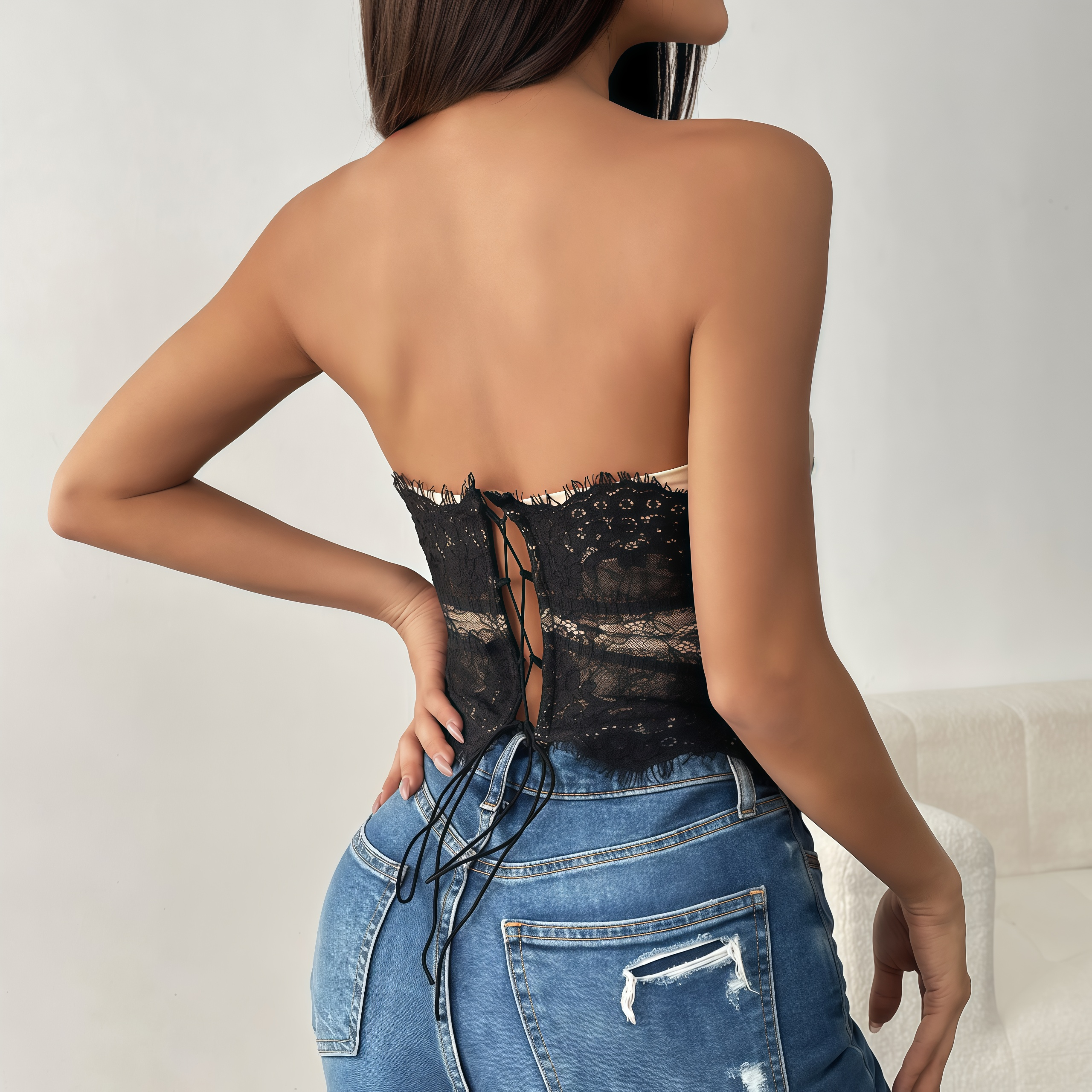 Contrast Lace-Up Corset Top – Sexy Bustier with Fishbone Design