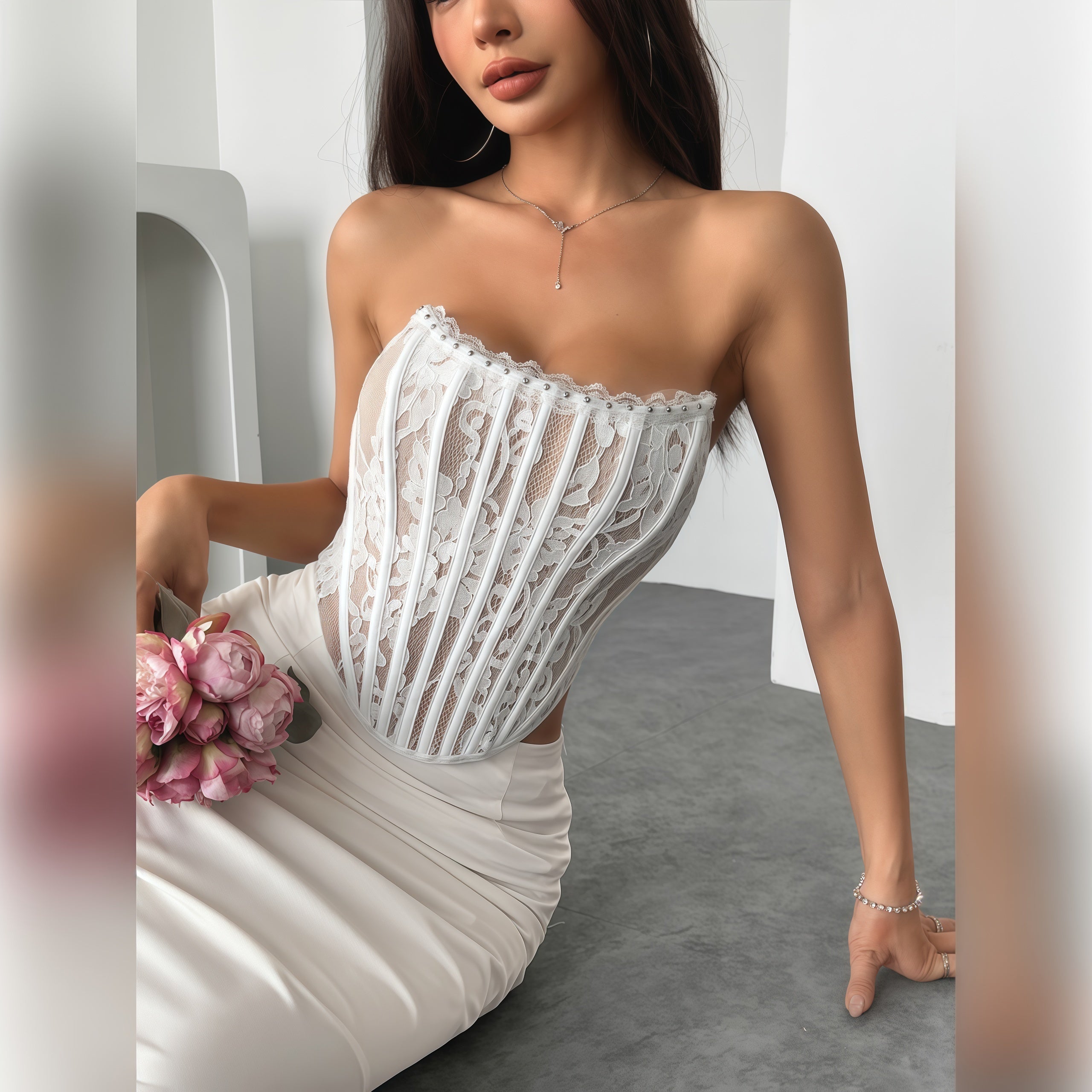 Lace Corset Top with Front Buttons – Slim Fit Bustier