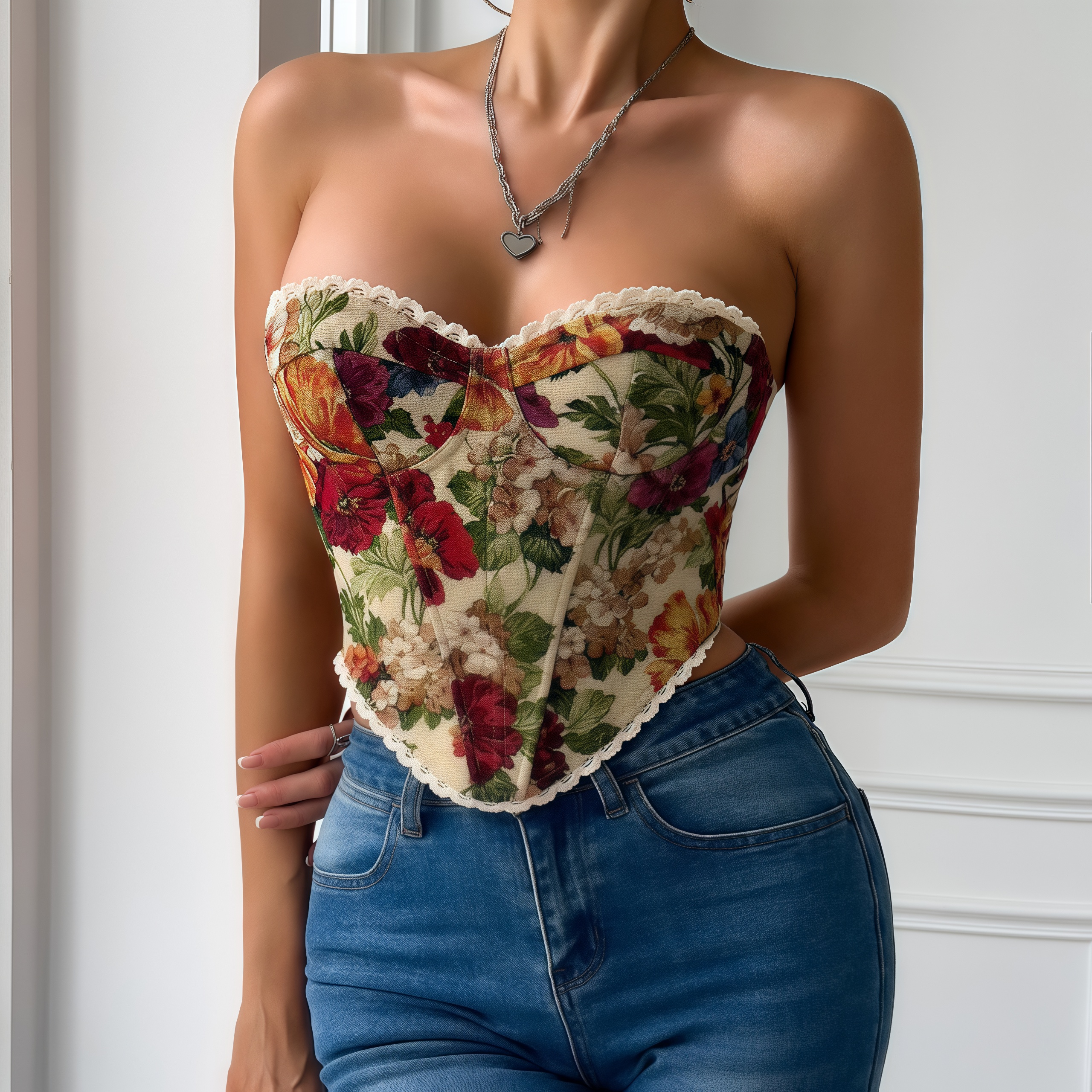 Patterned Lace Corset Top – Slim Fit Bustier Tank, Everyday Casual Outfit