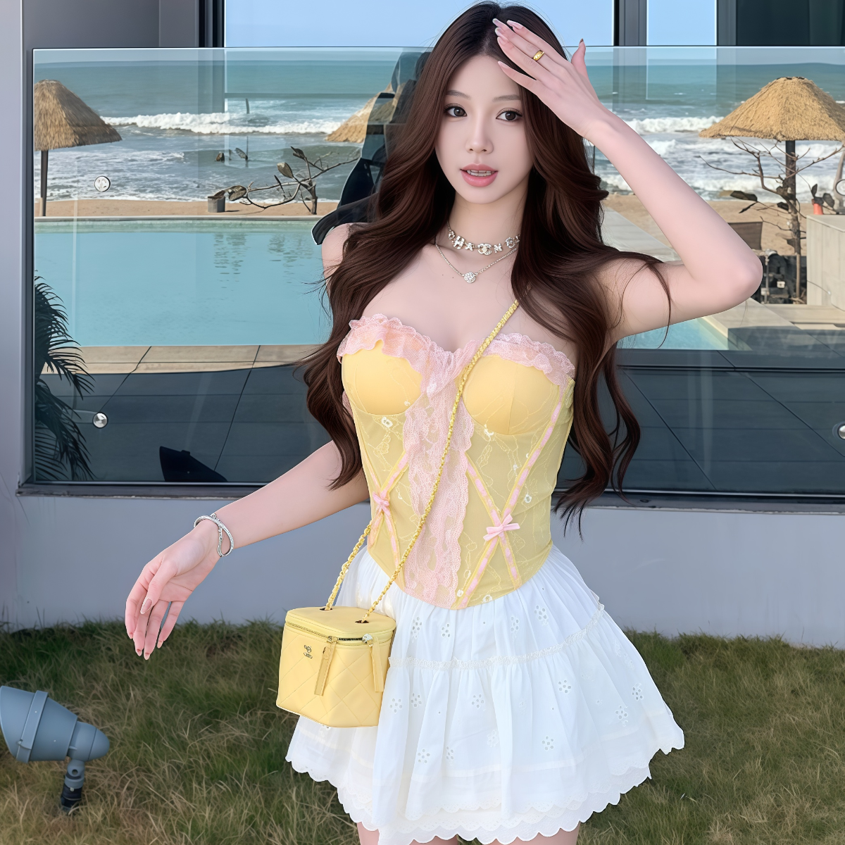 💕TOP ：Yellow Corset Top – Sweet & Fresh Bustier with Fishbone Design