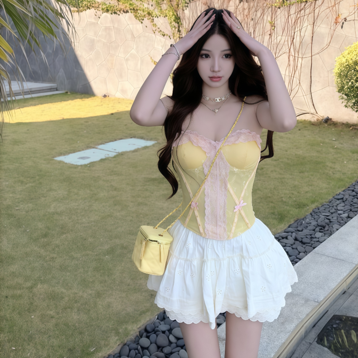 💕TOP ：Yellow Corset Top – Sweet & Fresh Bustier with Fishbone Design