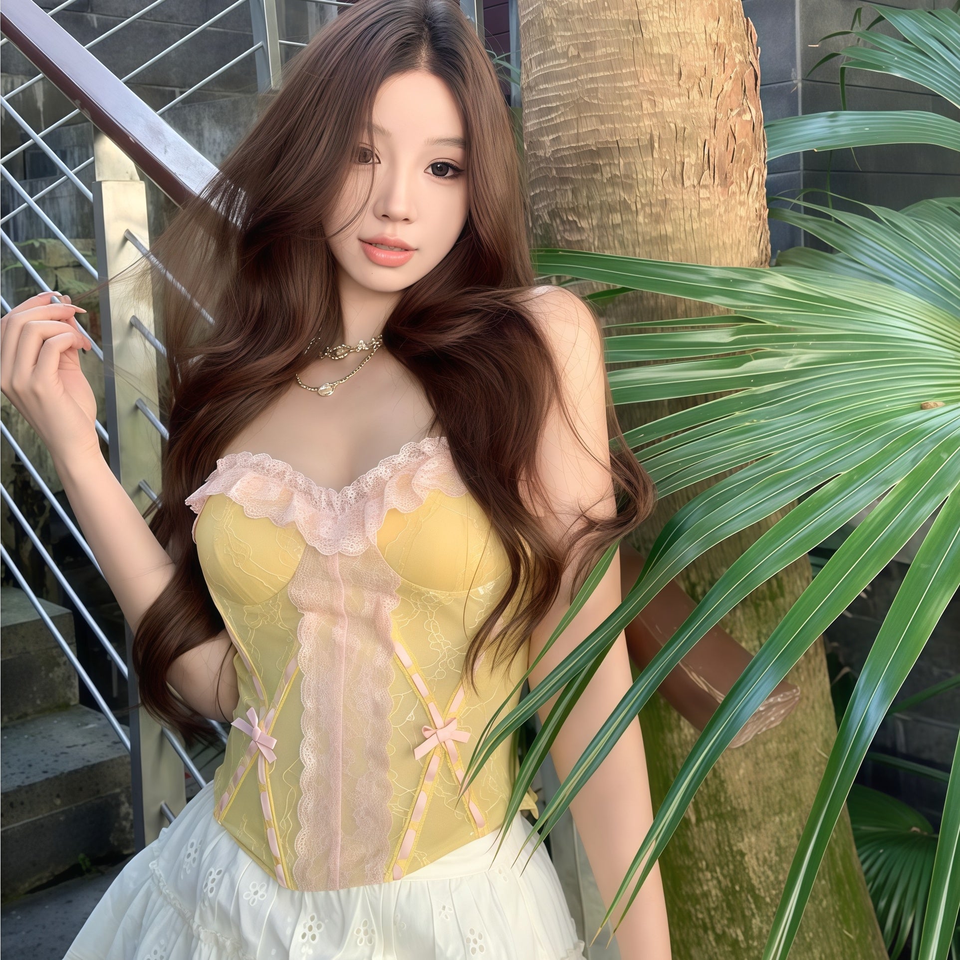 💕TOP ：Yellow Corset Top – Sweet & Fresh Bustier with Fishbone Design