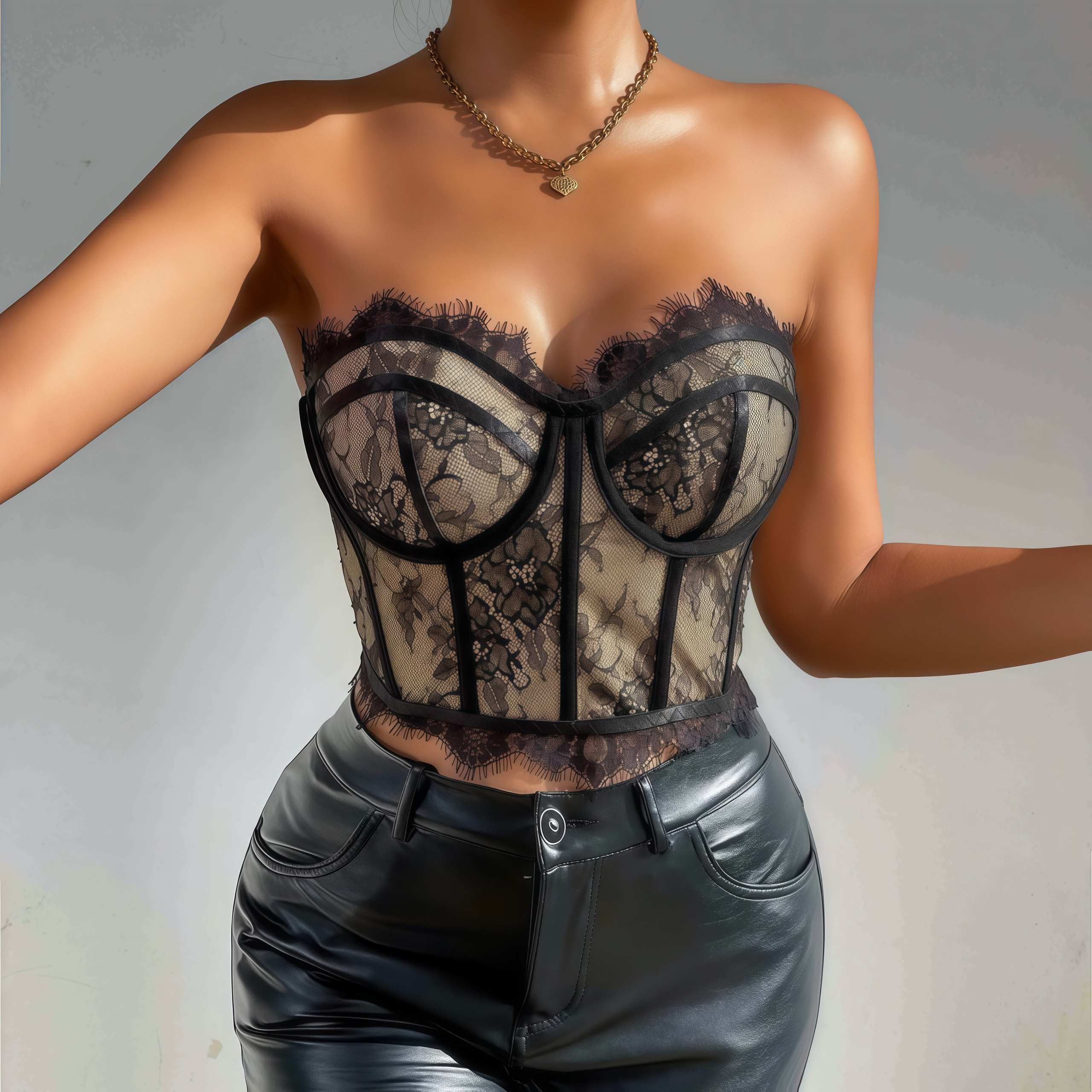 Black Lace Corset Top – Sexy Gothic Bustier with Fishbone Design