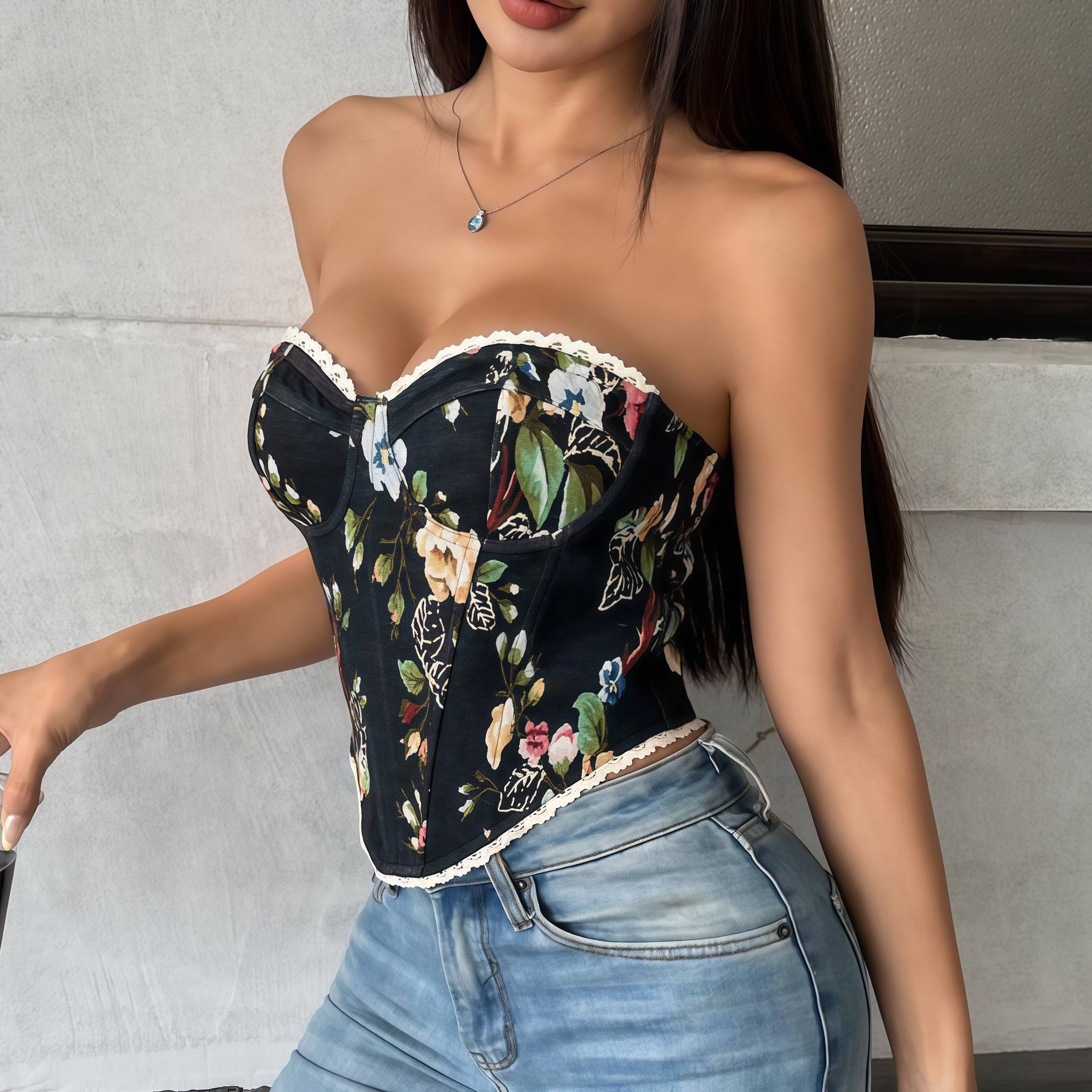Patterned Lace Corset Top – Slim Fit Bustier Tank, Everyday Casual Outfit
